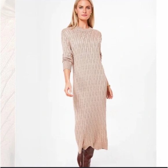 NEW Tuckernuck Cable Knit Metallic Gold Stretch Bodycon Sweater Maxi Dress Small - Picture 2 of 11